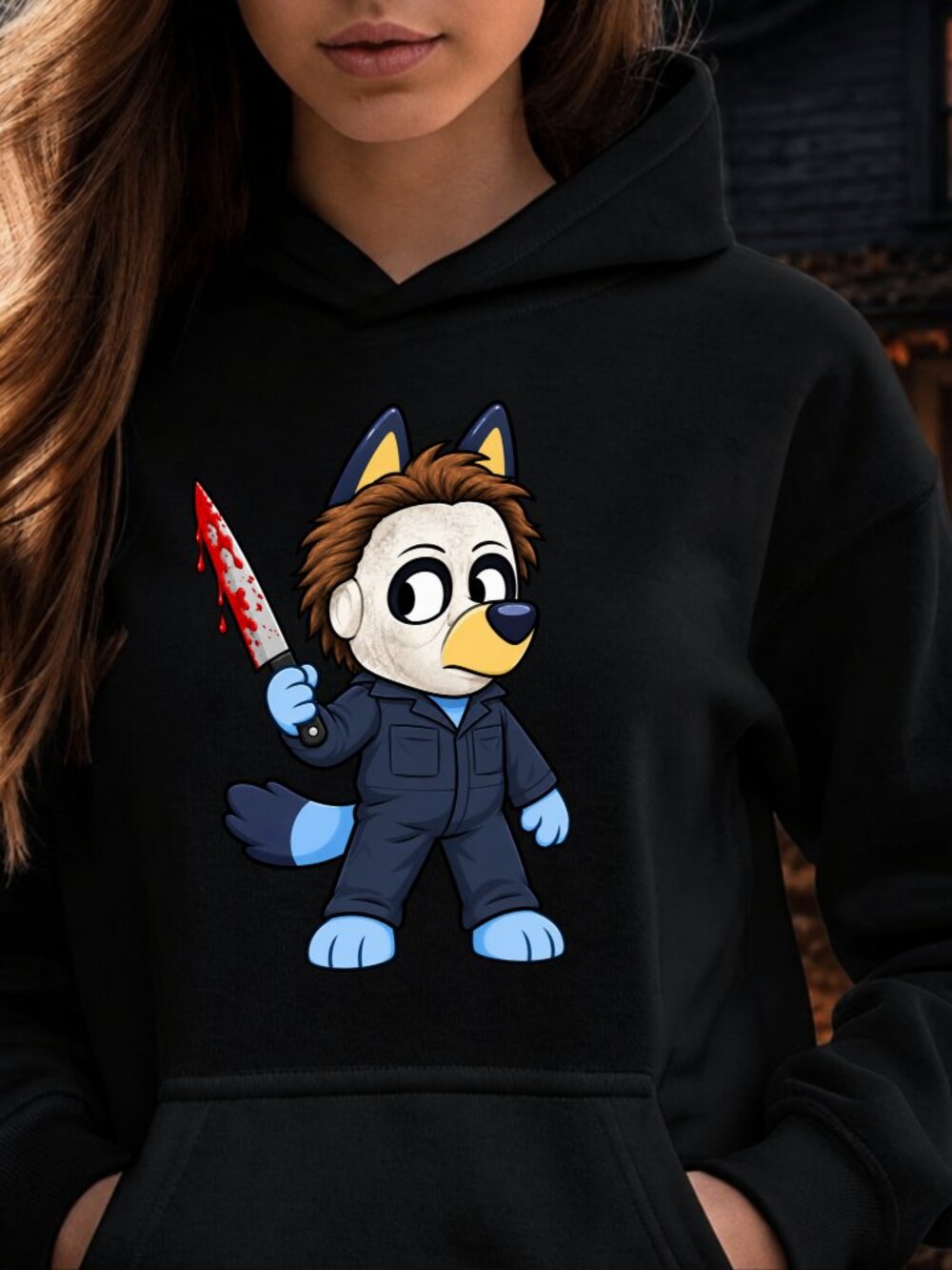 Bluey Halloween HOODIE Graphic Sweatshirt Unisex Dog Funny Horror Movie Lover